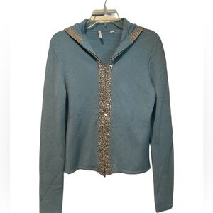 Iisli 100% Cashmere Blue Cardigan Sweater Hoodie Full Zip w/ Silver Sequin sz L